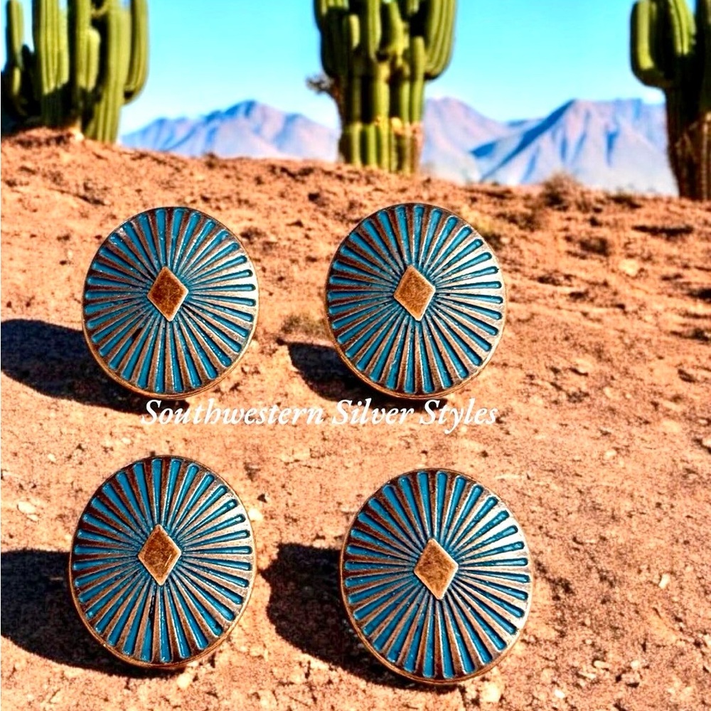 (4)-Vintage Southwest Antique Bronze Metal Turquoise Blue Patina Color Buttons